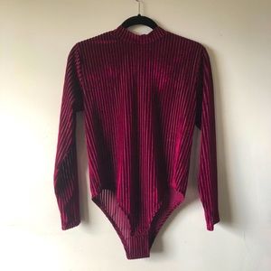 Burgundy Mesh & Velvet Striped Body Suit